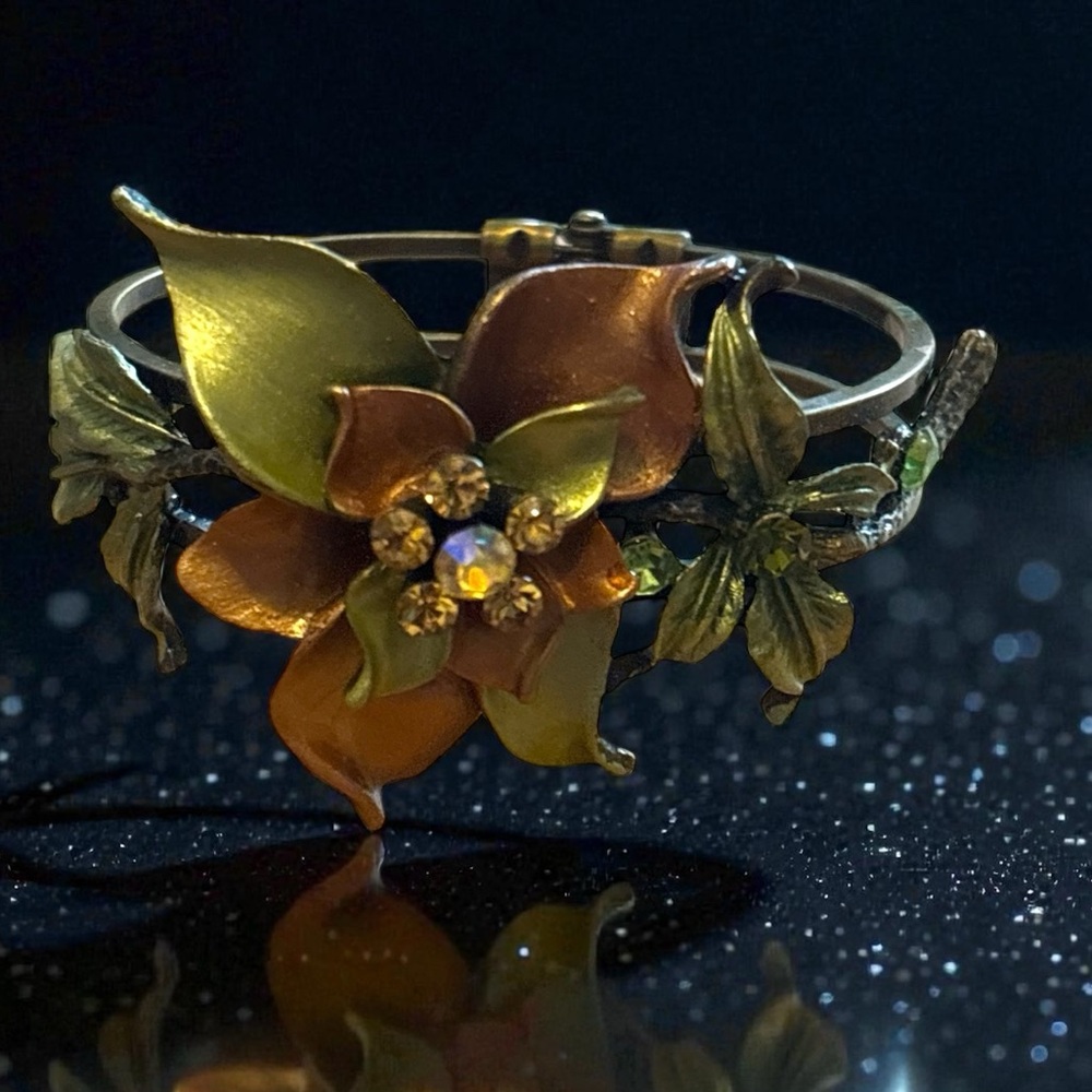 35. Vintage Floral Gold and Green Metal Cuff Bracelet or as listed